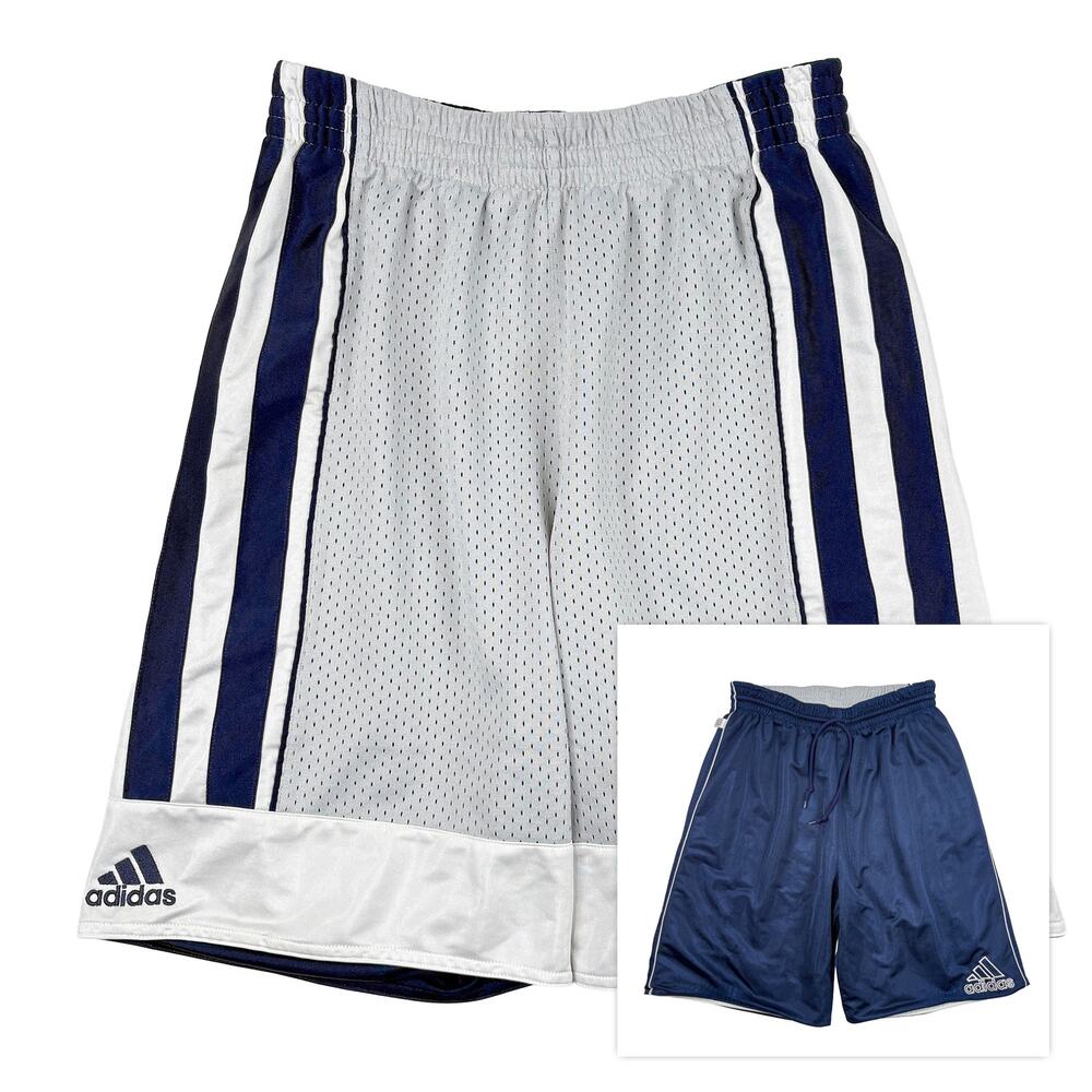VTG Adidas Reversible Basketball Shorts Mens L Y2K Mesh Navy Gray Shiny 2006